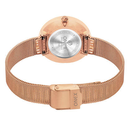 ONEX Women’s Rose Gold Analog Watch with Minimalist Dial & Mesh Metal Strap