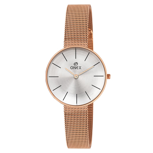 ONEX Women’s Rose Gold Analog Watch with Minimalist Dial & Mesh Metal Strap