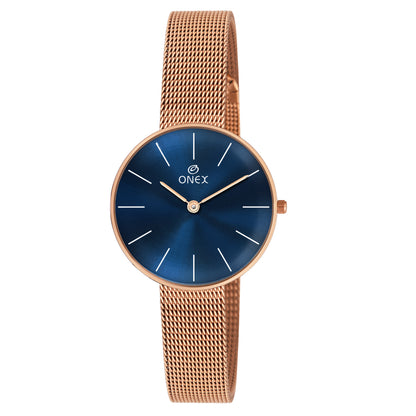 ONEX Women’s Rose Gold Analog Watch with Minimalist Dial & Mesh Metal Strap