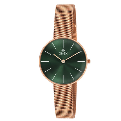 ONEX Women’s Rose Gold Analog Watch with Minimalist Dial & Mesh Metal Strap