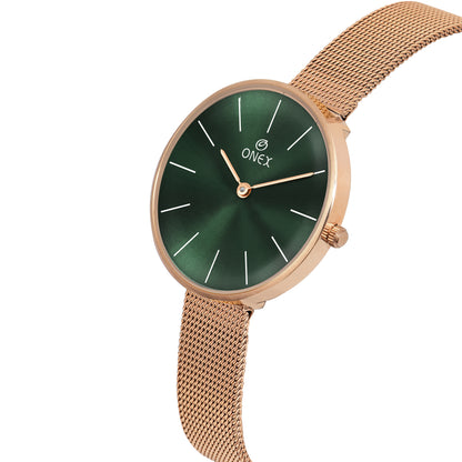 ONEX Women’s Rose Gold Analog Watch with Minimalist Dial & Mesh Metal Strap