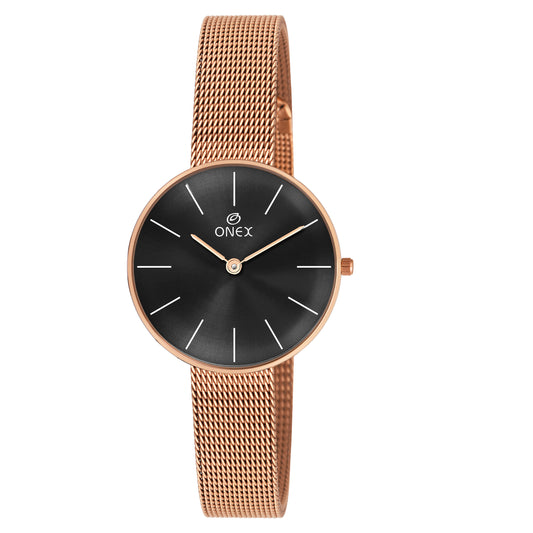 ONEX Women’s Rose Gold Analog Watch with Minimalist Dial & Mesh Metal Strap