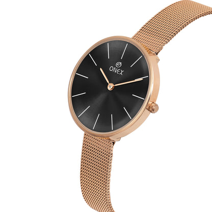 ONEX Women’s Rose Gold Analog Watch with Minimalist Dial & Mesh Metal Strap