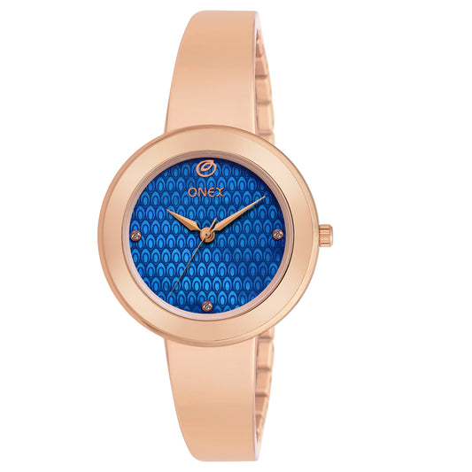 OneX Premium Rose Gold Analog Watch | Crystal-Studded Dial & Metal Bracelet