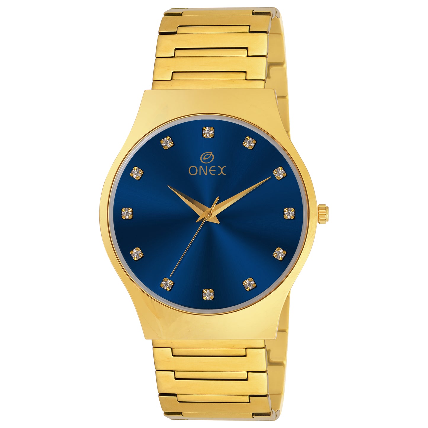ONEX Premium Gold-Tone Analog Watch with Blue Sunray Dial & Crystal Hour Markers