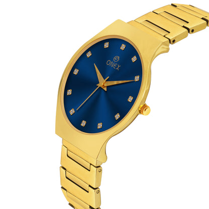 ONEX Premium Gold-Tone Analog Watch with Blue Sunray Dial & Crystal Hour Markers