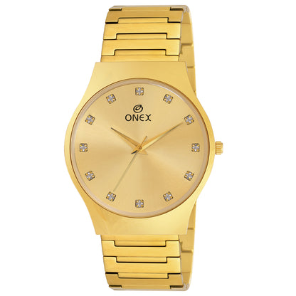 ONEX Premium Gold-Tone Analog Watch with Gold Sunray Dial & Crystal Hour Markers