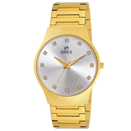 ONEX Premium Gold-Tone Analog Watch with Gold Sunray Dial & Crystal Hour Markers