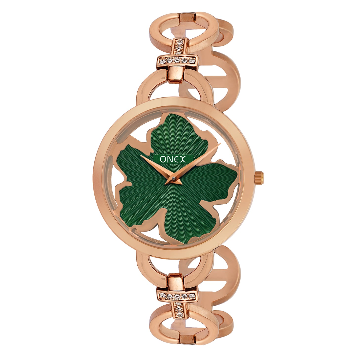 ONEX Rose Gold Women’s Bracelet Watch with Green Textured Dial & Crystal Accents