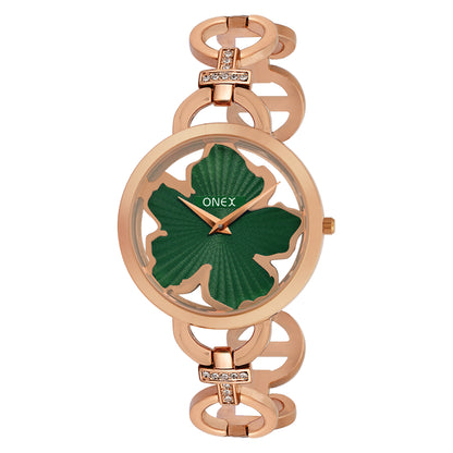 ONEX Rose Gold Women’s Bracelet Watch with Green Textured Dial & Crystal Accents