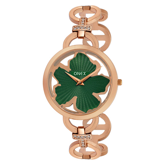 ONEX Rose Gold Women’s Bracelet Watch with Green Textured Dial & Crystal Accents