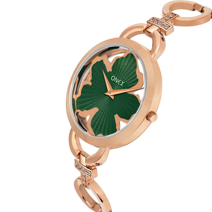 ONEX Rose Gold Women’s Bracelet Watch with Green Textured Dial & Crystal Accents