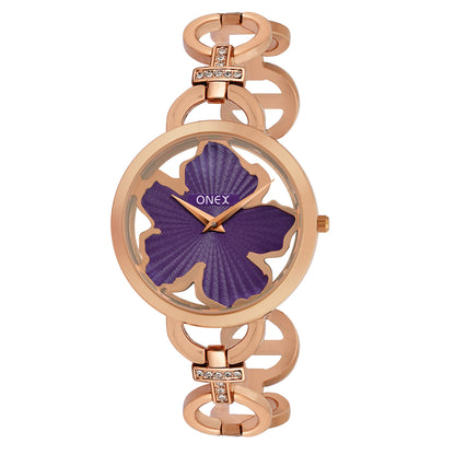 ONEX Rose Gold Women’s Bracelet Watch with Purple Textured Dial & Crystal Accents