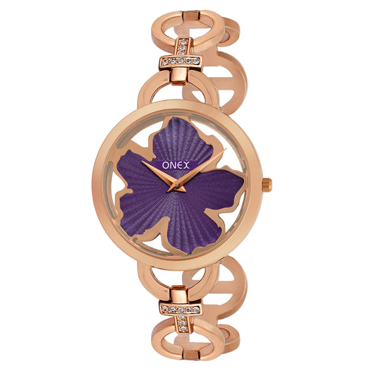 ONEX Rose Gold Women’s Bracelet Watch with Purple Textured Dial & Crystal Accents