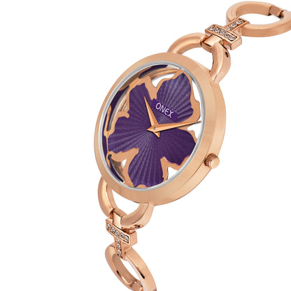 ONEX Rose Gold Women’s Bracelet Watch with Purple Textured Dial & Crystal Accents