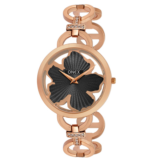 ONEX Rose Gold Women’s Bracelet Watch with Black Textured Dial & Crystal Accents