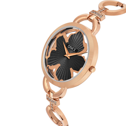 ONEX Rose Gold Women’s Bracelet Watch with Black Textured Dial & Crystal Accents