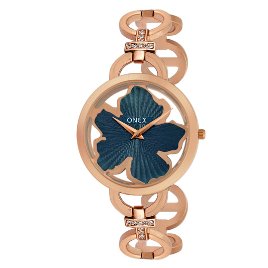 ONEX Rose Gold Women’s Bracelet Watch with Dark Green Textured Dial & Crystal Accents