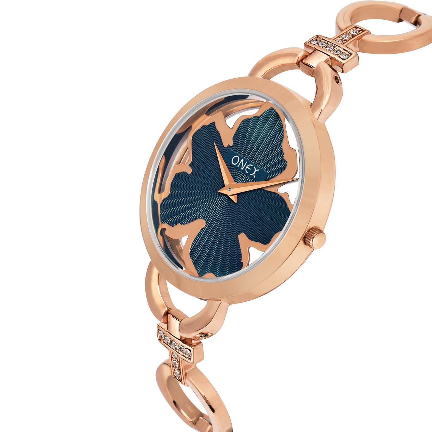 ONEX Rose Gold Women’s Bracelet Watch with Dark Green Textured Dial & Crystal Accents