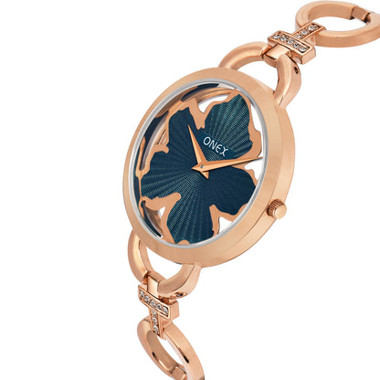 ONEX Rose Gold Women’s Bracelet Watch with Dark Green Textured Dial & Crystal Accents