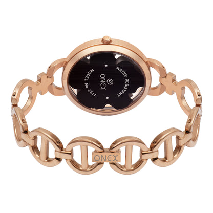 ONEX Rose Gold Women’s Bracelet Watch with Dark Green Textured Dial & Crystal Accents