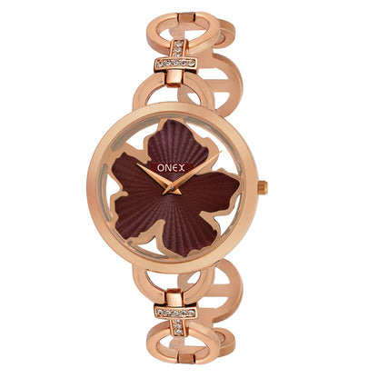 ONEX Rose Gold Women’s Bracelet Watch with Brown Textured Dial & Crystal Accents