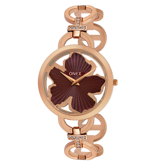 ONEX Rose Gold Women’s Bracelet Watch with Brown Textured Dial & Crystal Accents