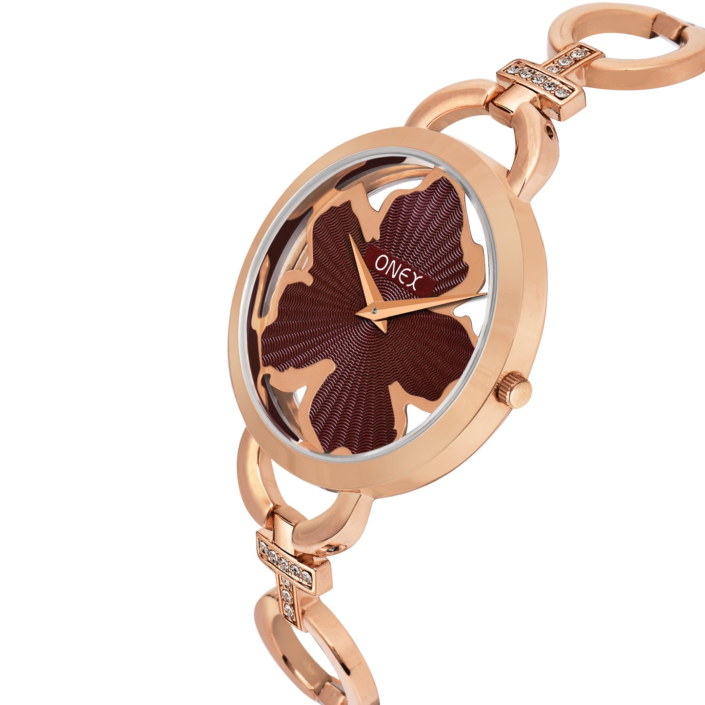 ONEX Rose Gold Women’s Bracelet Watch with Brown Textured Dial & Crystal Accents
