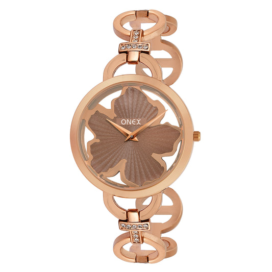 ONEX Rose Gold Women’s Bracelet Watch with Light Brown Textured Dial & Crystal Accents