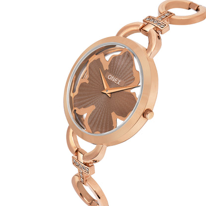 ONEX Rose Gold Women’s Bracelet Watch with Light Brown Textured Dial & Crystal Accents