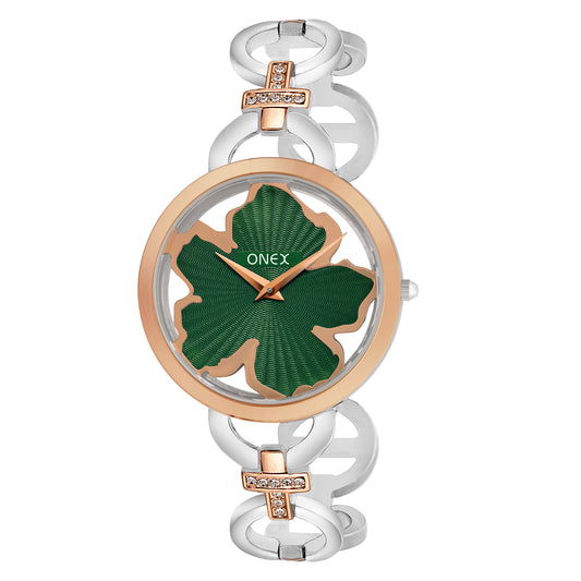 ONEX Silver - Rosegold Women’s Bracelet Watch with Green Textured Dial & Crystal Accents