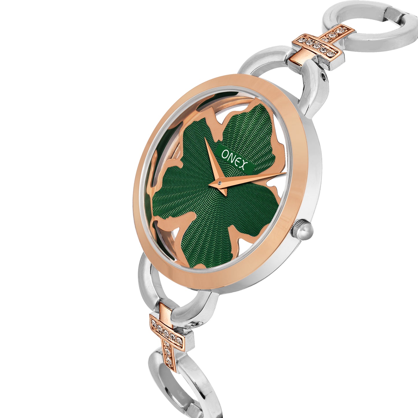 ONEX Silver - Rosegold Women’s Bracelet Watch with Green Textured Dial & Crystal Accents