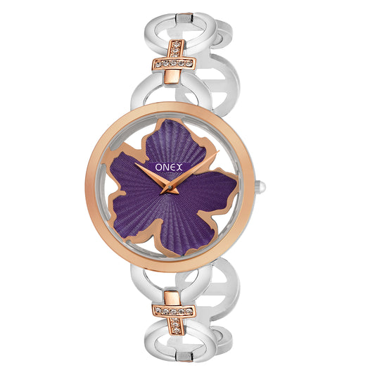 ONEX Silver - Rosegold Women’s Bracelet Watch with Purple Textured Dial & Crystal Accents