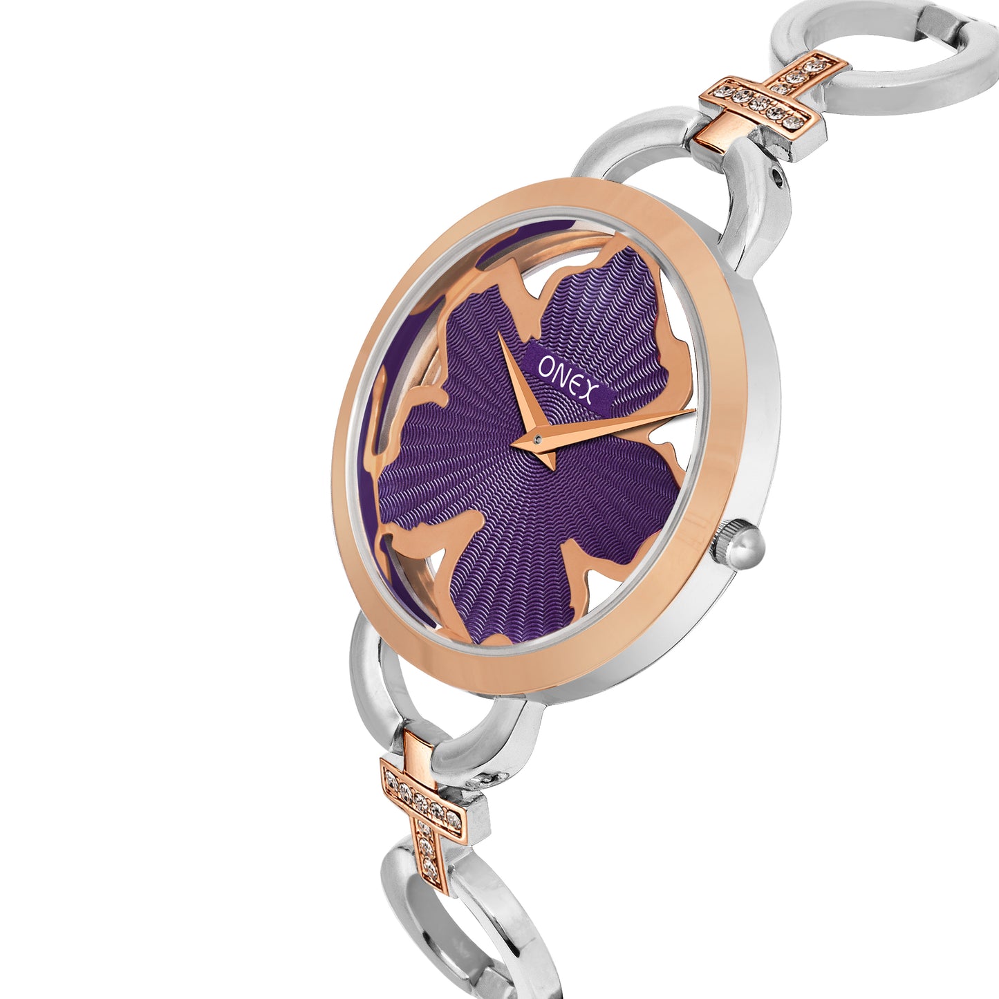 ONEX Silver - Rosegold Women’s Bracelet Watch with Purple Textured Dial & Crystal Accents