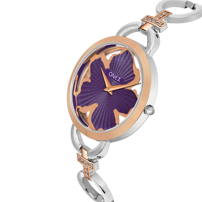 ONEX Silver - Rosegold Women’s Bracelet Watch with Purple Textured Dial & Crystal Accents