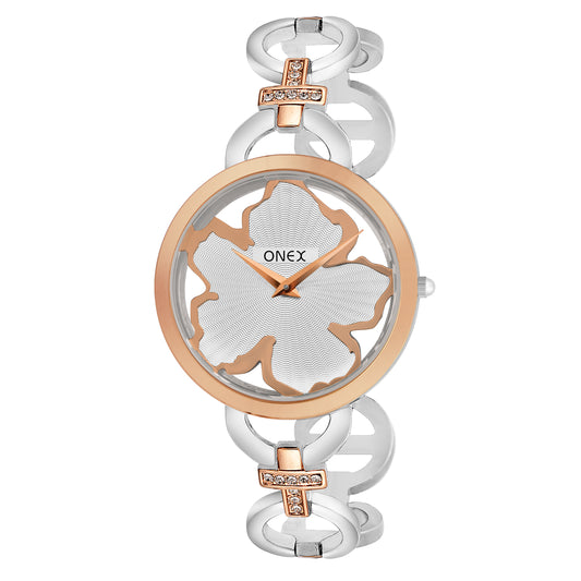 ONEX Silver - Rosegold Women’s Bracelet Watch with Silver Textured Dial & Crystal Accents