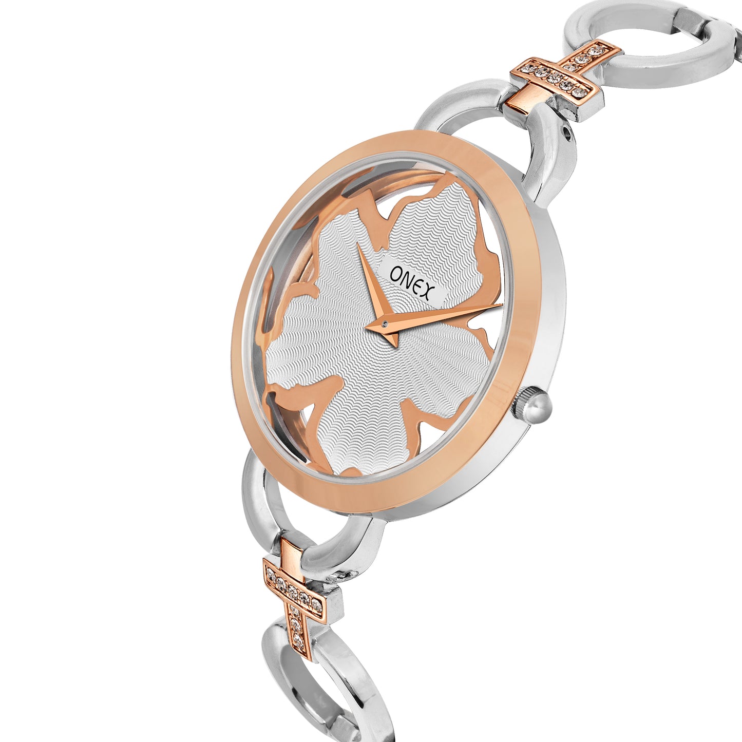 ONEX Silver - Rosegold Women’s Bracelet Watch with Silver Textured Dial & Crystal Accents