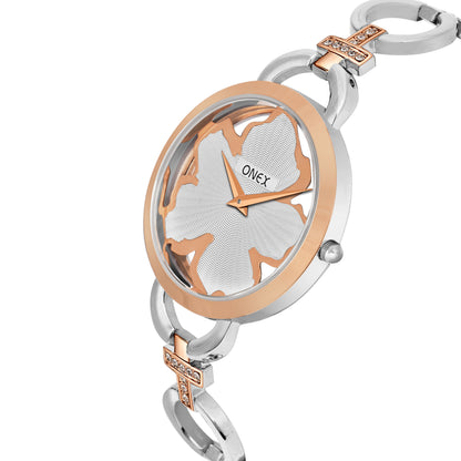 ONEX Silver - Rosegold Women’s Bracelet Watch with Silver Textured Dial & Crystal Accents