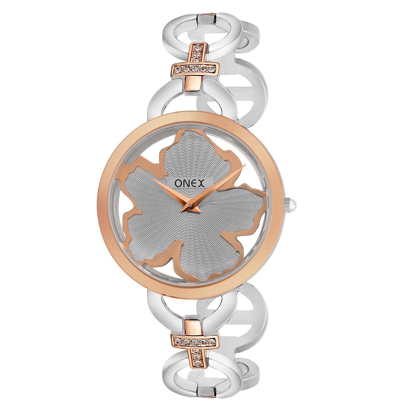 ONEX Silver - Rosegold Women’s Bracelet Watch with Grey Textured Dial & Crystal Accents