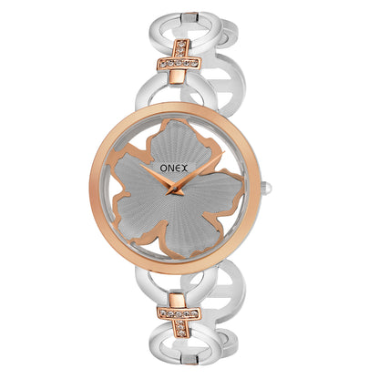 ONEX Silver - Rosegold Women’s Bracelet Watch with Grey Textured Dial & Crystal Accents