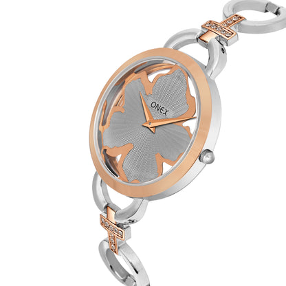 ONEX Silver - Rosegold Women’s Bracelet Watch with Grey Textured Dial & Crystal Accents