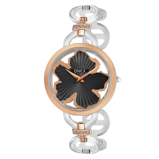ONEX Silver - Rosegold Women’s Bracelet Watch with Black Textured Dial & Crystal Accents