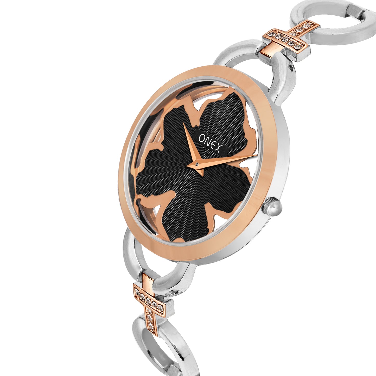 ONEX Silver - Rosegold Women’s Bracelet Watch with Black Textured Dial & Crystal Accents