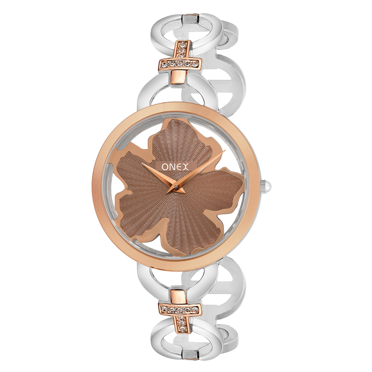 ONEX Silver - Rosegold Women’s Bracelet Watch with Light Brown Textured Dial & Crystal Accents