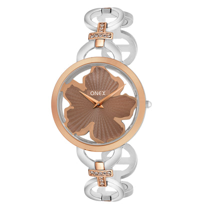 ONEX Silver - Rosegold Women’s Bracelet Watch with Light Brown Textured Dial & Crystal Accents
