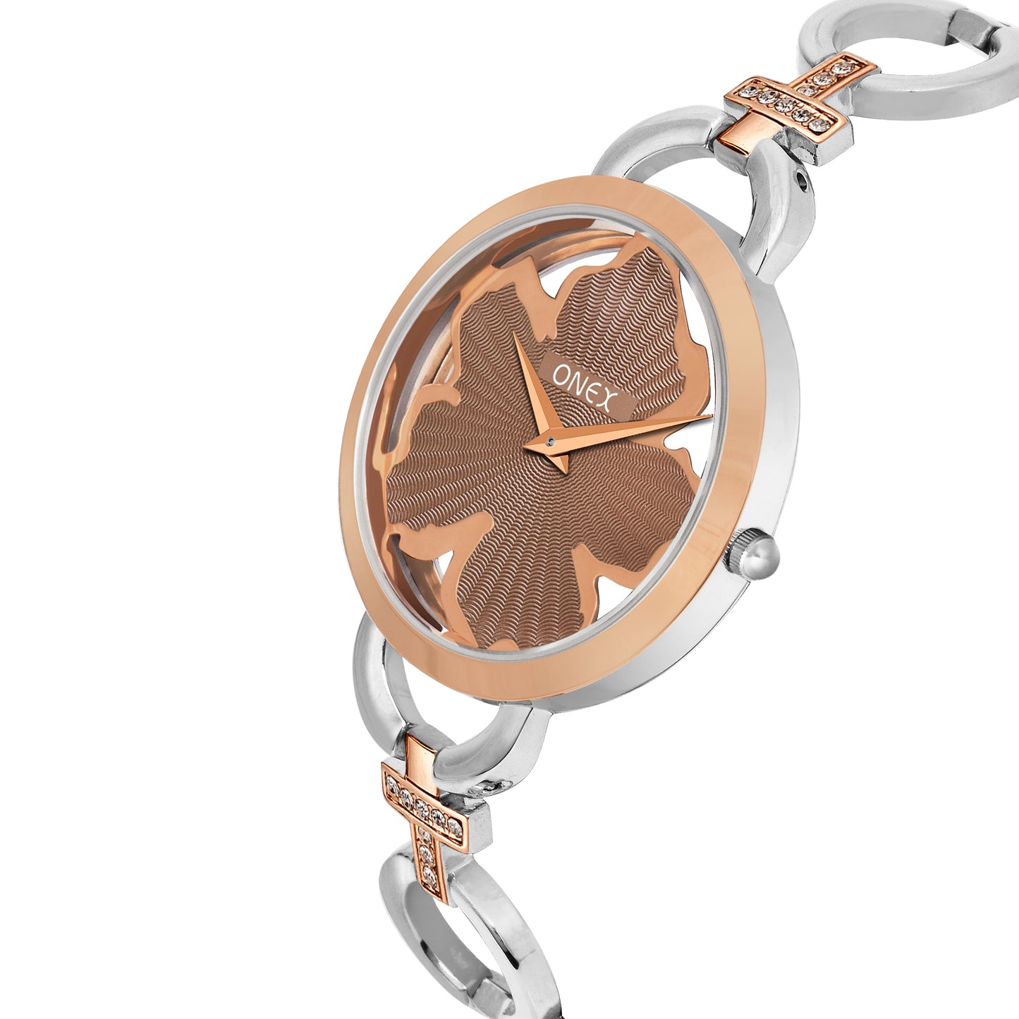 ONEX Silver - Rosegold Women’s Bracelet Watch with Light Brown Textured Dial & Crystal Accents
