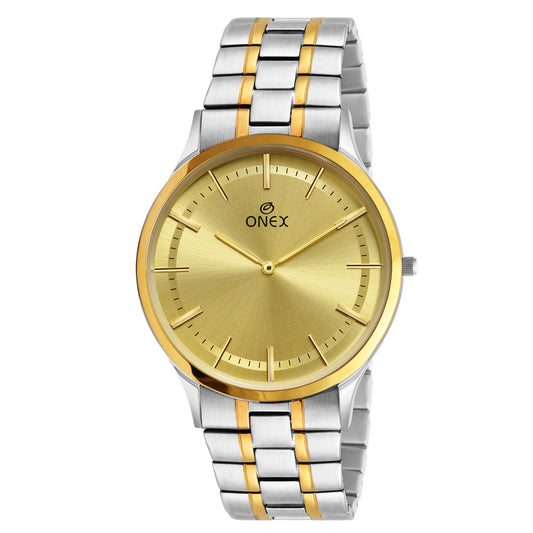 ONEX Men’s Analog Watch | Gold Dial with Two-Tone Stainless Steel Strap | Classic Formal Wrist Watch