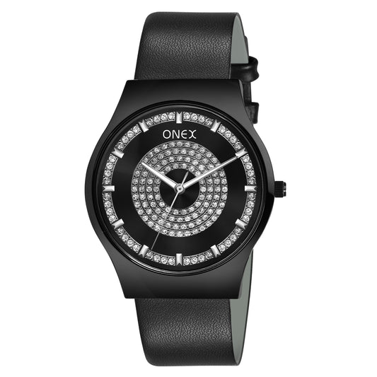 ONEX Luxury Black Dial Analog Watch with Crystal Studded Design & Black Leather Strap