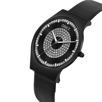 ONEX Luxury Black Dial Analog Watch with Crystal Studded Design & Black Leather Strap