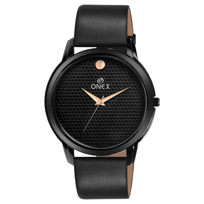 ONEX Men’s Analog Watch | Black Textured Dial with Rose Gold Hands | Premium Black Strap | Stylish Casual & Formal Wrist Watch